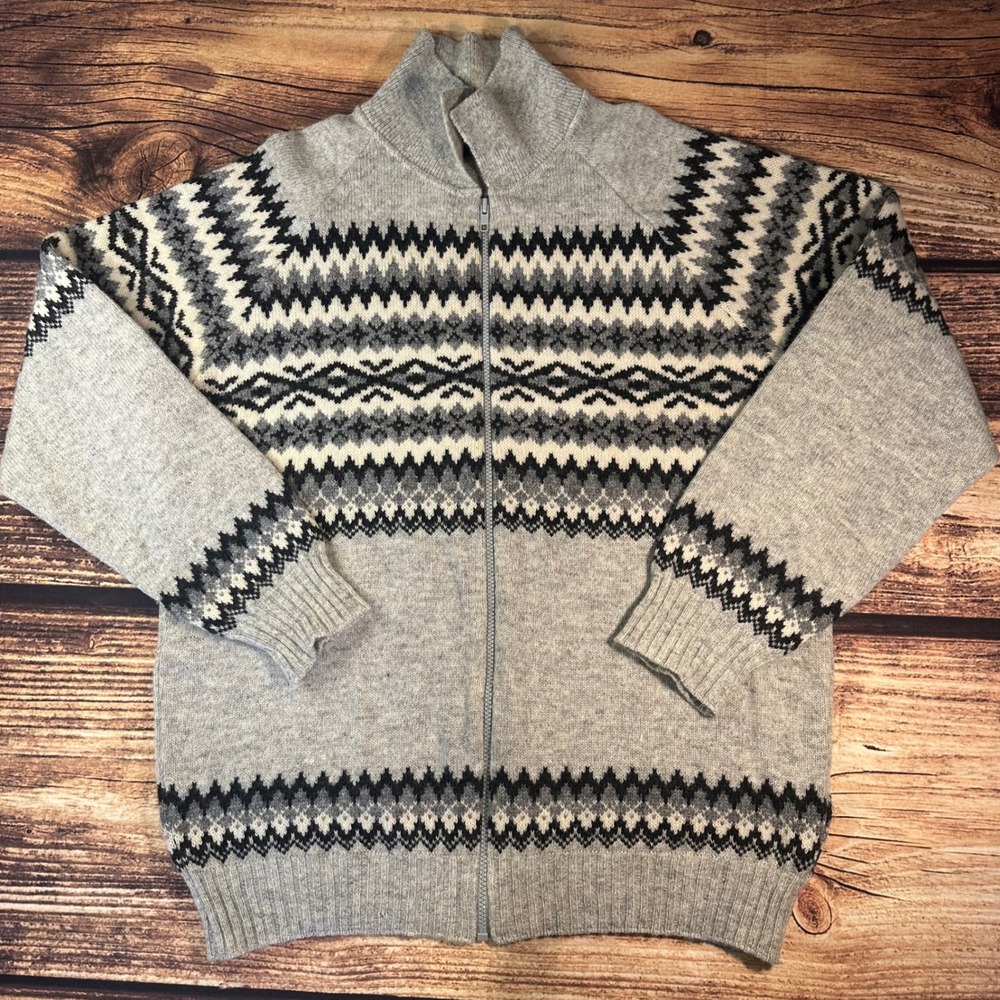 Checkmate Mens Pure New Wool Fair Isle Full Zip Sweater Grey New Zealand XOS